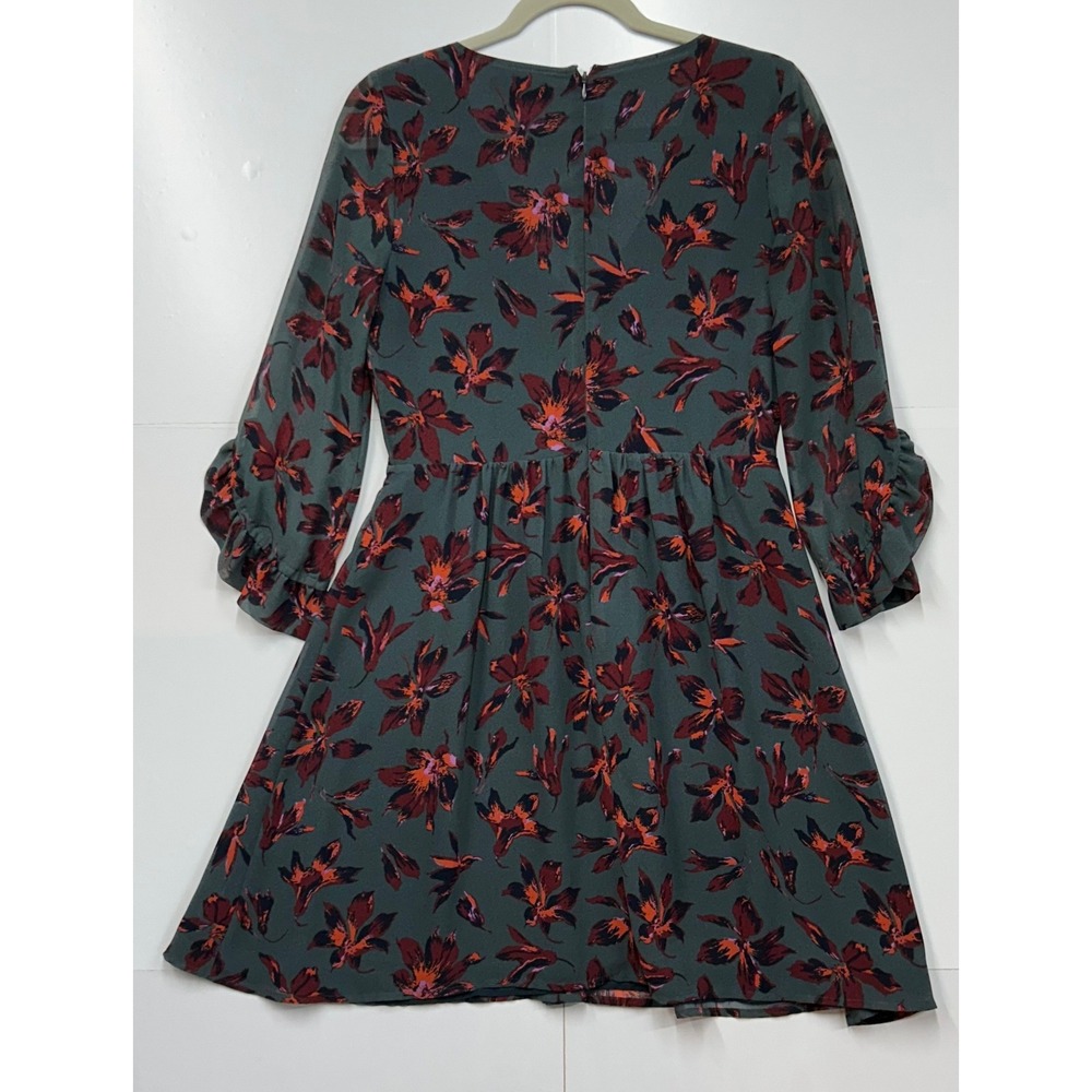 Madewell Dark Green Floral V-Neck Ruffle Sleeve Mini Dress Moonblossom - Picture 2 of 12